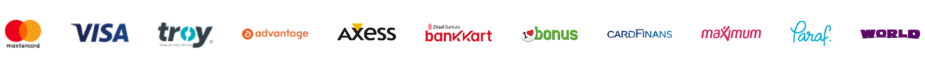 Kabul edilen kartlar: mastercard, VISA, troy, advantage, Axess, Ziraat Bankkart, bonus, CardFinans, maximum, Paraf, World